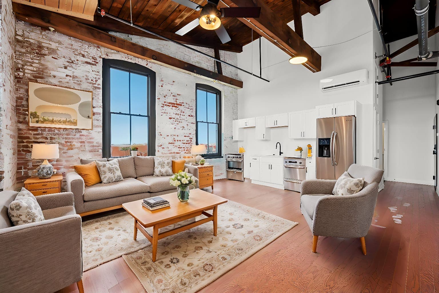 Hancock Lofts restored living room with exposed brick walls original timber beam ceiling and arched factory windows